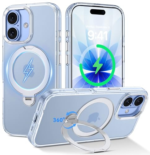 DUEDUE für iPhone 17 Hülle mit 360°Verstellbarer Ständer, [Kompatibel mit Magsafe] Magnetische Schutzhülle, Stoßfest Durchsichtig [Nie Vergilbung] Handyhülle für iPhone 17 6,3(2025), Klar