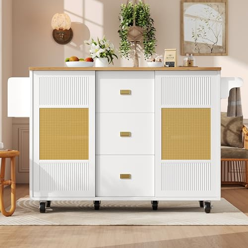 Merax Isla de cocina con encimera plegable, carrito de cocina móvil, armario de cocina con ruedas, con 2 ratas, puertas correderas, 3 cajones y toallero, 146,85 x 42-70 x 90 cm, color blanco