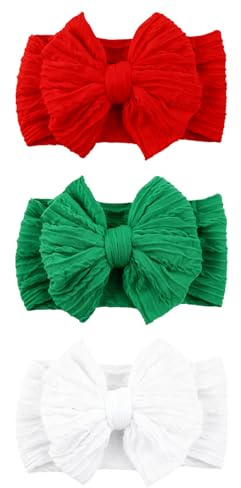 3 Stück Baby Turban Stirnband Baby Mädchen Nylon Stirnbänder Schleife Stirnband Weiche Schleife Kopfbedeckung Elastische Haarbänder für Neugeborene, Kleinkinder (Rot Grün Weiß, eine Größe)