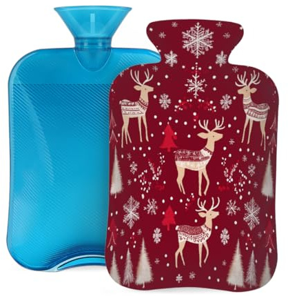 Wärmflasche Gummi mit weichem Bezug, Weihnachtselch Schneeflocke Elch 2L Wärmbeutel zur Schmerzlinderung, Wärme- und Kältetherapie