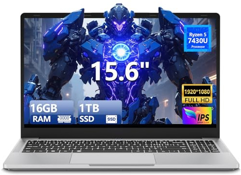 MOGIKK 15,6 Pollici Portatile PC Ryzen 5 7430U, Notebook 16GB RAM 1TB SSD Win11, Laptop con scheda grafica Radeon, FHD IPS, Type-C, USB 3.0, HDMI, tastiera retroilluminata digitale Computer portatile