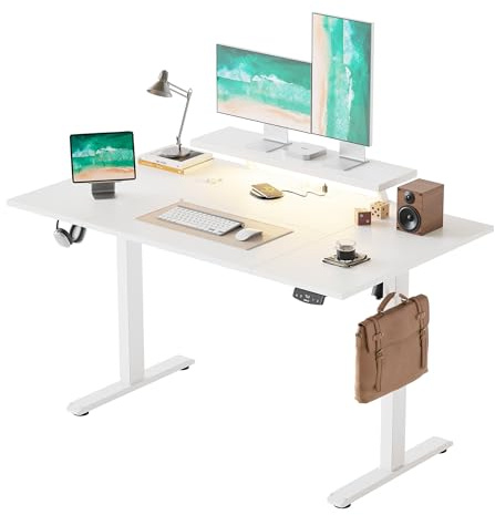 Agilestic Höhenverstellbarer Schreibtisch mit flexiblem Monitorständer | Schreibtisch elektrisch 140 x 80 cm, LED-Lichtleiste, USB-Steckdose, 2 Speicherplätze, für Homeoffice, Weiß