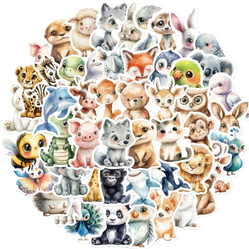 Tiere Sticker Set 50 Stück,Aquarellen Tier Aufkleber für Kinder,Wasserfest Vinyl Niedlichen Aufkleber Tiere,Belohnungssticker Graffiti Decals für Laptop Wasserflasche Fahrrad Koffer Moped Scrapbook