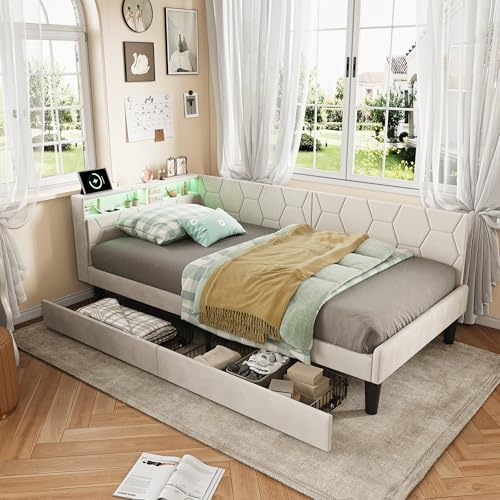 YGHQAP Polsterbett, Schlafsofa Ausziehbar Für 2 Personen, Tagesbett, Ausziehbett Gleiche Höhe, Schlafcouch Mit Lattenrosten Und Rückenlehne, Multifunktionsbett, Samtstoff (Beige-E, 90x200cm)