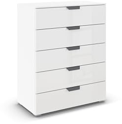 Rauch Möbel ADITIO, Kommode, Farbe Glas Weiß, Breite 80 cm | Highboard im modernen Look, 5 Schubladen, Glasfront, Soft-Close-Funktion, für Schlafzimmer, Gästezimmer, Wohnzimmer, Flur
