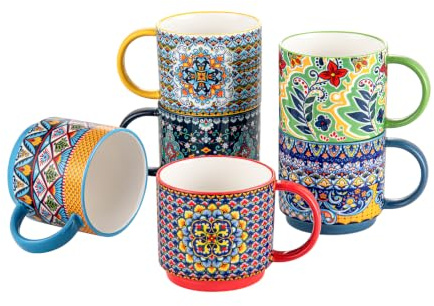 HENXFEN LEAD Kaffeebecher aus Porzellan, 400ml Kaffeetassen-Set 6er, Buntes Stapelbares Tassenset für Latte Macchiato/Cappuccino/Kakao - Bohemian Style