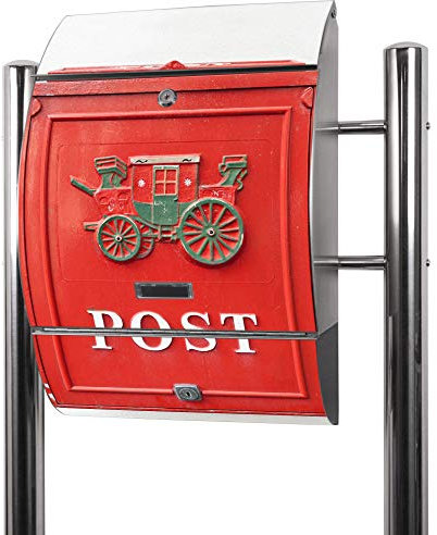 banjado® Standbriefkasten Edelstahl mit Zeitungsfach Motiv Postkasten Nostalgie / Briefkasten mit Standfuß / Edelstahl Briefkasten freistehend - A4 Einwurf inkl. 2 Schlüssel