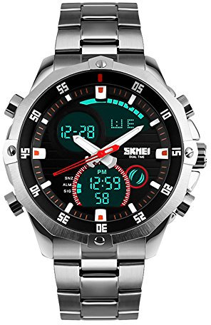 SKMEI Herren-Armbanduhr, wasserdicht, militärisch, analog, digital, mit LED, mehrzeitiger Chronograph, Edelstahl, Business-Uhren für Herren, 1146 Silber, L, Sportlich