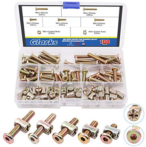 Glarks 100Pcs Zinc Plated M6x15/20/25/30/35mm Hex Socket Head Cap Furniture Screws Bolts and Barrel Nuts Assortment Kit for Furniture Beds Crib Chairs