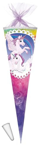 Schultüte - Einhorn & Pferd Pegasus - Regenbogen - 50 cm - rund - mit Tüllabschluß - Zuckertüte - mit/ohne Kunststoff Spitze - Nestler - Mädchen - Einhö..