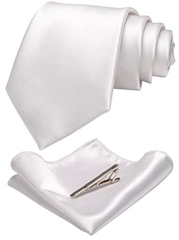 JEMYGINS Cravate Homme Blanc en Soie Brillant Tissu doux Mariage et Pinces à cravate et Carre de poche Ensemble Compris boîte(4)