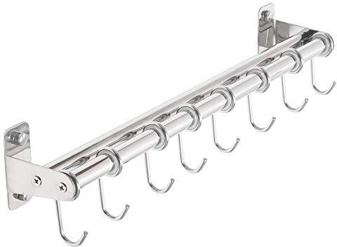 Dseap Pot Rack - Pots and Pans Hanging Rack Rail with 8 Hooks, Double Bars, Pot Hangers for Kitchen, Wall Mounted, Chromed