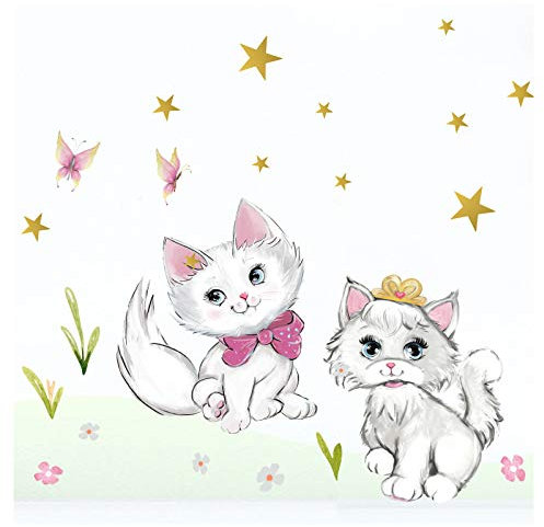 Little Deco Wandaufkleber Kinderzimmer Mädchen 2 Katzen I Wandbild - (BxH) 43 x 32 cm I Wandtattoo Hund Aufkleber KatzeTiere Babyzimmer Kinder DL413