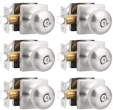 GOBEKOR 6 Pack Brushed Nickel Door Knob Privacy Interior Square Modern Door Knob with Lock Round Privacy Door Knobs for Bedroom Bathroom