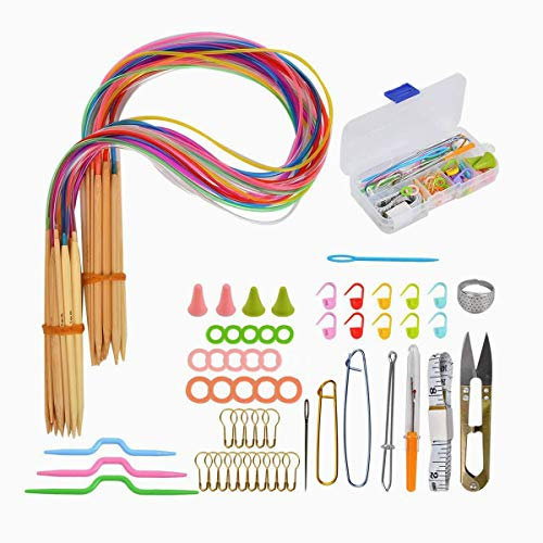 Bamboo Circular Needles, 18 Pairs of Knitting Needles 2mm-10mm Tube Multicoloured Round Crochet Needles with 58 Pieces Accessories Knitting Tools Box for Knitting Wool Scarf DIY (76)