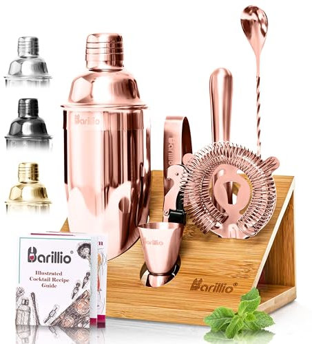 Copper Mixology Bartender Kit Cocktail Shaker Set by Barillio: Rose Gold Drink Mixer Set with Bar Tools, Bamboo Stand Cocktail Mixer Liquor Pourers Mojito Muddler Mixing Spoon Jigger Recipes Booklet