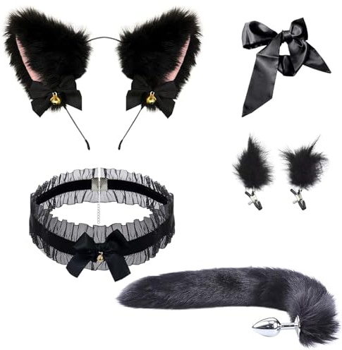 Analplug Paaren Cosplay mit Fuchsschwanz,Nippelklemmen Augenmaske (Schwarz) | Buttplug Anal Dildo 5 Stück Set mit Spitze Halsband + Katze Ohren,SM Analspielzeuge Sex Spielzeug für Männer Frauen Paare