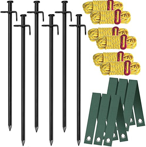 Aoipend Lot de 6 piquets Robustes pour Arbres, piquets de Support de Jardin, 6 Sangles d'arbre, 24,4 m, haubans réfléchissants résistants aux Vents forts, Kits d'ancrage pour Jeunes Arbres