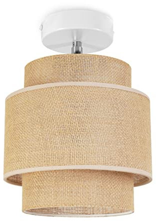 Light-Home Boho Deckenbeleuchtung - Rattan Lampe - Deckenlampe Industrial für Wohnzimmer Schlafzimmer und Esszimmer - Pendelleuchte aus Metall und Stoff - 1-Flammig - Weiß Basis und Jute