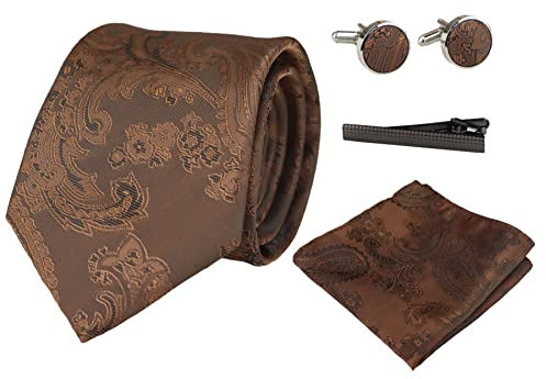 TruClothing.com Paisley Krawatte Geschenkset Einstecktuch Manschettenknöpfe Krawatte Floral Satin - braun Einheitsgröße
