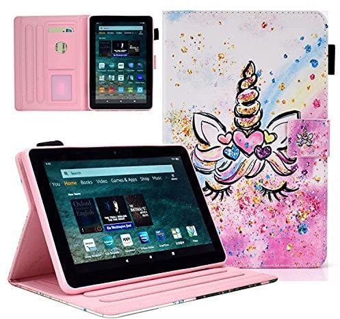 KEROM Case for Fire HD 8 & 8 Plus Tablet (12th/10th Generation, 2024/2022/2020 Release), PU Leather Folio Stand Cover Protective Case with Auto Wake/Sleep for Amazon Fire 8 inch Case, Cute Unicorn
