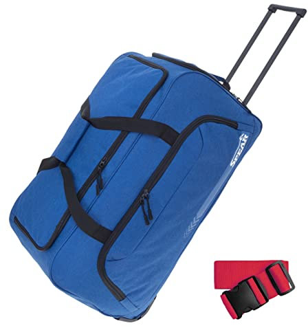 SPEAR Trolley Reisetasche groß XXL Koffer 85 Liter, 68 cm Tasche Schultergurt Reisegepäck Rolltasche Damen Herren Gepäck Reise Trolly 910 + Koffergurt (Steel Blue (Blau))