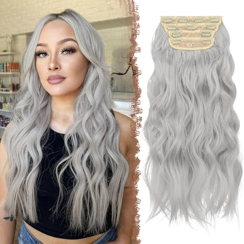 FESHFEN Clip-in-Haarverlängerung, dick, lang, gewellt, Clip-in-Haarteil, ganzer Kopf, Kunstfaser, 50,8 cm, 4 Stück, Grau