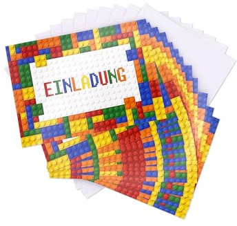 Friendly Fox Einladung Bausteine, 12 Einladungskarten mit Umschlag zum Kindergeburtstag Junge Mädchen, Partyeinladung Building Bricks Bauklötze