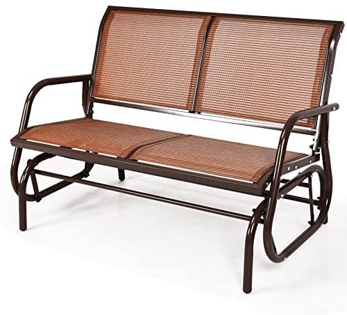 COSTWAY 2-Person Outdoor Glider Bench, Patio Double Swing Gliding Chair Loveseat, Steel Frame Fabric Garden Relax Rocking Chair for Balcony, Porch, Backyard and Poolside (Brown)