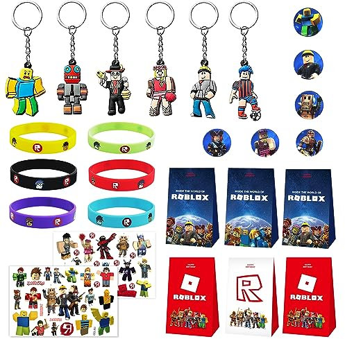 EQCSYDM Party Set, 26 Stück: Geburtstagszubehör mit 6 Schlüsselanhängern, 6 Ansteckern, 6 Silikonarmbändern, 6 Geschenktüten und 2 temporären Tattoos für Kindergeburtstage
