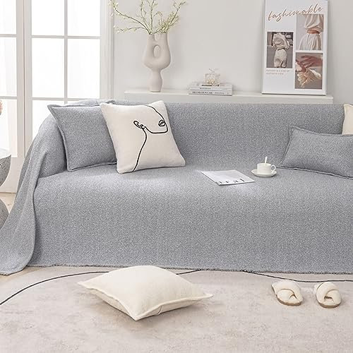 Homxi 4 Sitzer Sofabezug,180x400CM,Couch Überzug Universal Einfarbig mit Quaste Sofa Überzug Polyester Sofa Handtuch Hellgrau Sofahusse Universal