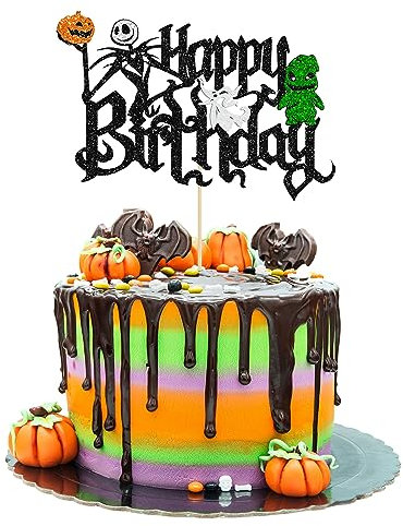 Gyufise 1Pc Halloween Happy Birthday Cake Topper Glitter Jack and Sally Pumpkin Bat Castle Ghost Halloween Cake Pick for Halloween Theme Baby Shower Kids Birthday Party Cake Decorations Supplies