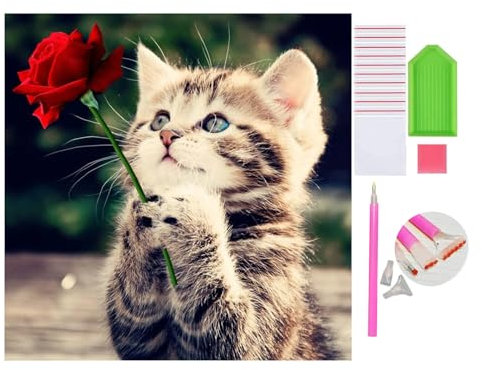 DOUKOYEE Diamond Painting für Erwachsene Kinder DIY 5D Diamant Painting Blume Tiere Katze Landschaft Dinosaurier Malen nach Zahlen Diamant Anfänger Home Wall Decor 30x40cm (M-Rose Katze)