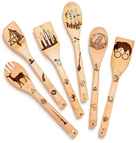 Riveira Organische Holzlöffel für Kochutensilien Set 6-teilig Magic Wizard Küchenutensilien Geschenk Spatel für Antihaft-Kochgeschirr Geschenke für Kochliebhaber