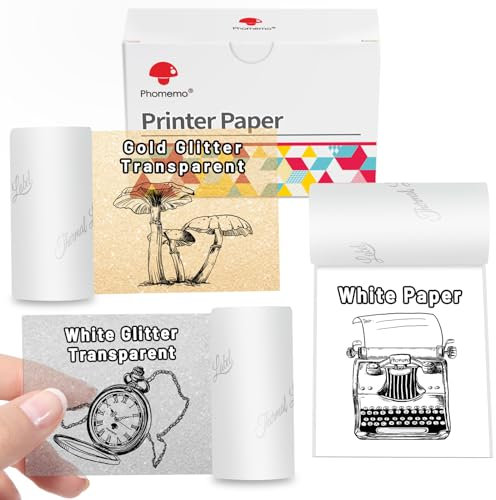 Phomemo T02/M02/M02S/M02Pro/M02X/M02L/Q02/M03/M03AS/M04S/M04AS/M832/M833/M834 Aufkleber Drucker Papier, 3 Rollen Selbstklebendes Papier, 53 mm x 3,5 m, Transparent/Silber Glitter/Golden Glitter