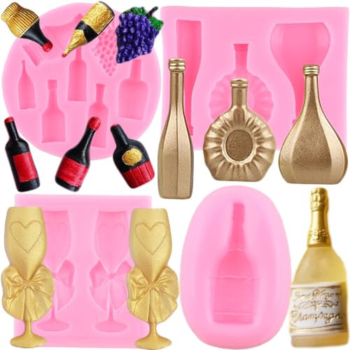 RFGHAC Wine Bottles Silicone Moulds Wine Glass Cup Fondant Mould Grape Champagne Bottle Chocolate Moulds for Cake Decoration Cupcake Topper Candy Polymer Clay Gum Paste Set of 4