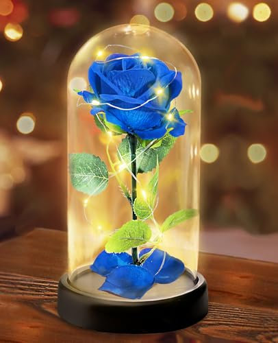 Regalo Mamma, Regalo di la Festa Della Mamma per Mamma Nonna, Fiore Rosa Regalo per Lei - 1 Rosa di Seta Blu con Luce a LED in una Cupola di Vetro per Compleanno, Anniversario, Fiore Rosa Regalo