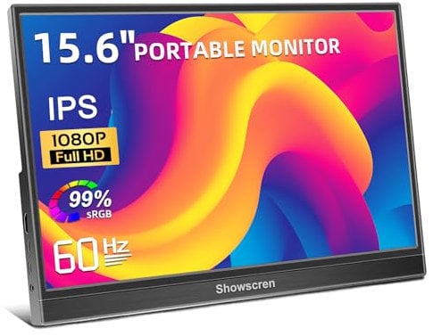 Showscren 15.6 Inch Portable Monitor IPS 1920x1080 FHD 100% sRGB Dual USB-C &HDMI Portable Monitors for Laptop, Dual Speakers, Plug&Play, External Screen Monitor for PC PS4/5 Xbox Raspberry Pi