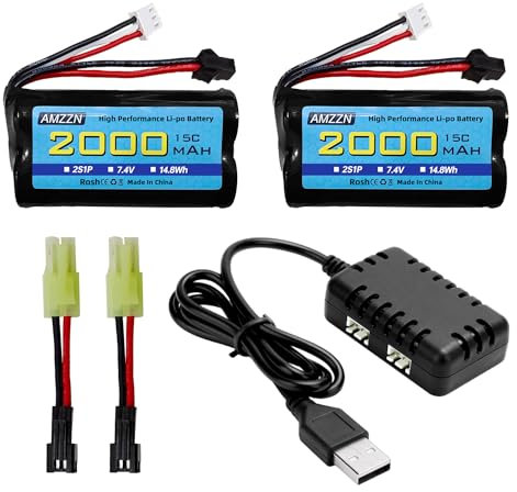 AMZZN Lot de 2 Batteries Lipo SM-2P 7.4V 2000mAh 15 C 2S avec Chargeur 2 en 1 pour télécommande Navire H105 H103 H101 MN D99 D99s D90/91 RC Voiture