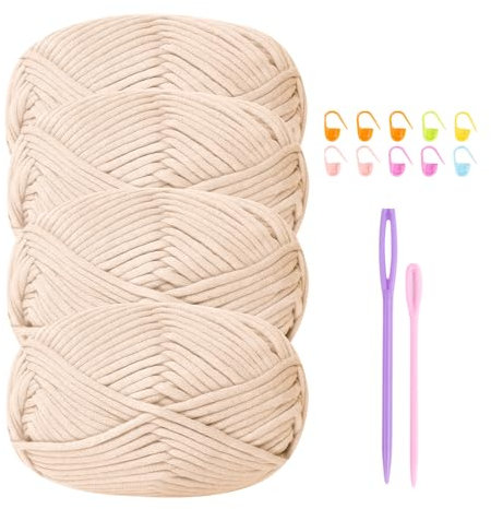 Häkelgarn Baumwolle Häkelwolle Chenille Wolle zum Häkeln 4 X 50g Häkelwolle,Crochet Yarn Dickes Baumwoll-Nylon-Mischgarn Häkelgarn für Anfänger Beige Garn