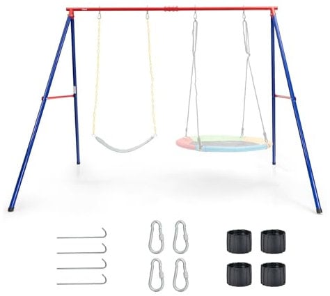 KOMFOTTEU Balançoire double en métal pour balançoire nid d'oiseau et balançoire pour enfants, charge jusqu'à 250 kg, pour jardin, cour, rouge + bleu