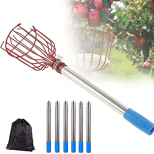 LANMFU Obstpflücker mit Verstellbarer Stange, mit Korb, Apfel-/Orangenpflücker-Werkzeug, Leichter Verbindungsstange aus Edelstahl, höhenverstellbarer Obstfänger zum Pflücken von Äpfeln, Birnen,