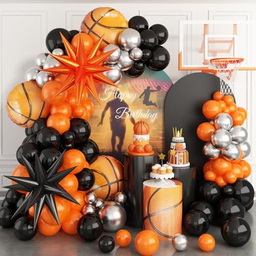 Basketball Arch Kit, 111pcs Orange and Black Silver Balloons With Explosion Star, Sports Kit for Boys Birthday Baby Shower Theme Decorations Supplies