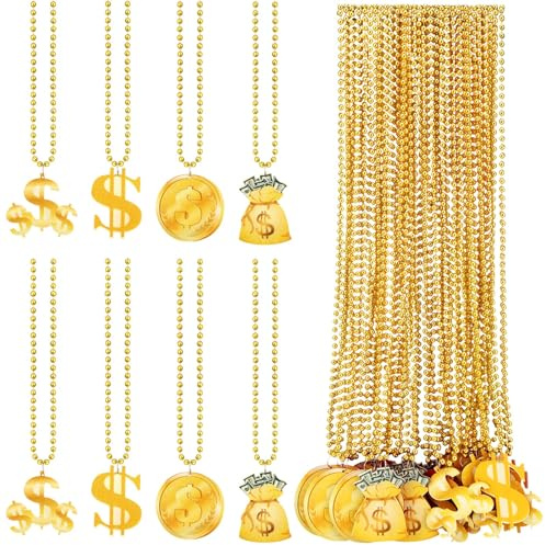 Otuuz 36 Pcs Gold Dollar Sign Necklace Money Chain Fake Us Dollar Bead Necklace Adjustable Gold Pendant Prop Money for Men Women Casino 80s/90s Rapper Hip Hop Party Accessories