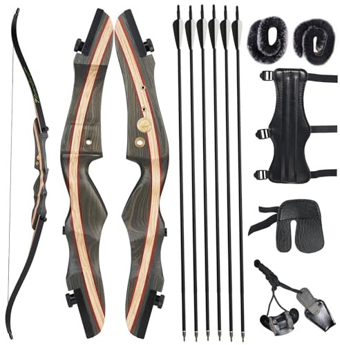 62 Recurvebogen Set,Takedown Recurve Bogen mit Pfeile Sportbogen Holzbogengriff für Rechtshand Jagd Zielschießen 20-50 lbs (45 lbs)