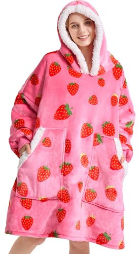 Kipswiza Tragbare Decke Hoodie – Übergroße Kapuzendecke für Erwachsene, dickes, warmes Sherpa-Fleece, Erdbeer-Decke, Sweatshirt für Damen, Teenager, Mädchen, Geschenke