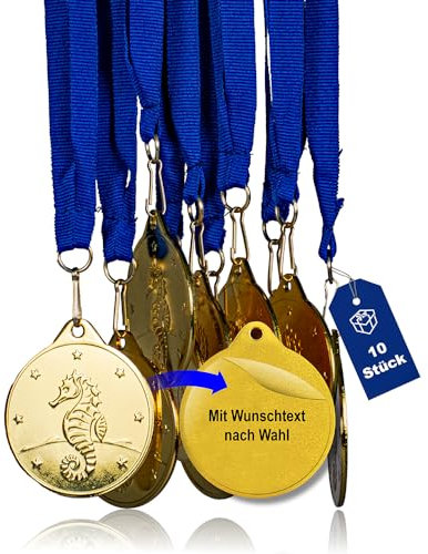 Pokal-Fabrik - Seepferdchen-Medaillen 10er Set Metall mit Wunschtext - golden zum Umhängen für Siegerehrungen - Schwimmabzeichen Gold - Medaillen Kinder mit blauem Band für Vereine & Turniere