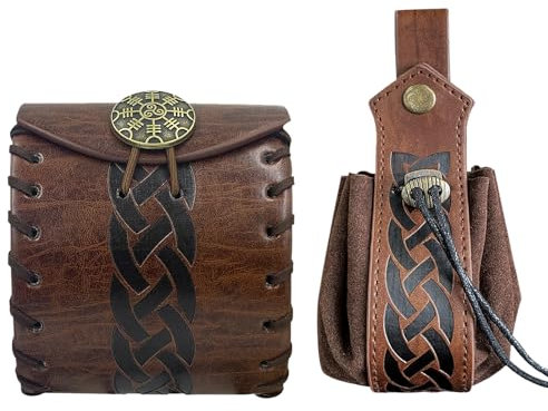 EpicCos 2 PCs Mittelalterliche Kunstleder Gürteltasche, Renaissance Drawstring Pouch Würfel Tasche, Vintage Seite Pack Münze Geldbeutel für LARP (Braun B)