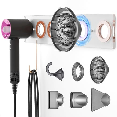 6-in-1 Magnetische-Wandhalterung für Dyson Supersonic Haartrockner (HD15/HD08/Vorherige Modelle) -5 Magnetische Ringe, Fönhalter ohne Bohren, Zubehör Halterung, 2-Wege-Installation (Transparent)
