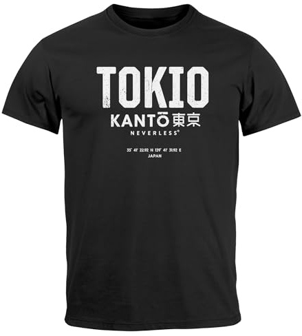 Neverless® Herren T-Shirt Frontprint Tokyo Japan Japanische Schriftzeichen Grafik Printshirt Fashion Streetstyle Schwarz 3XL